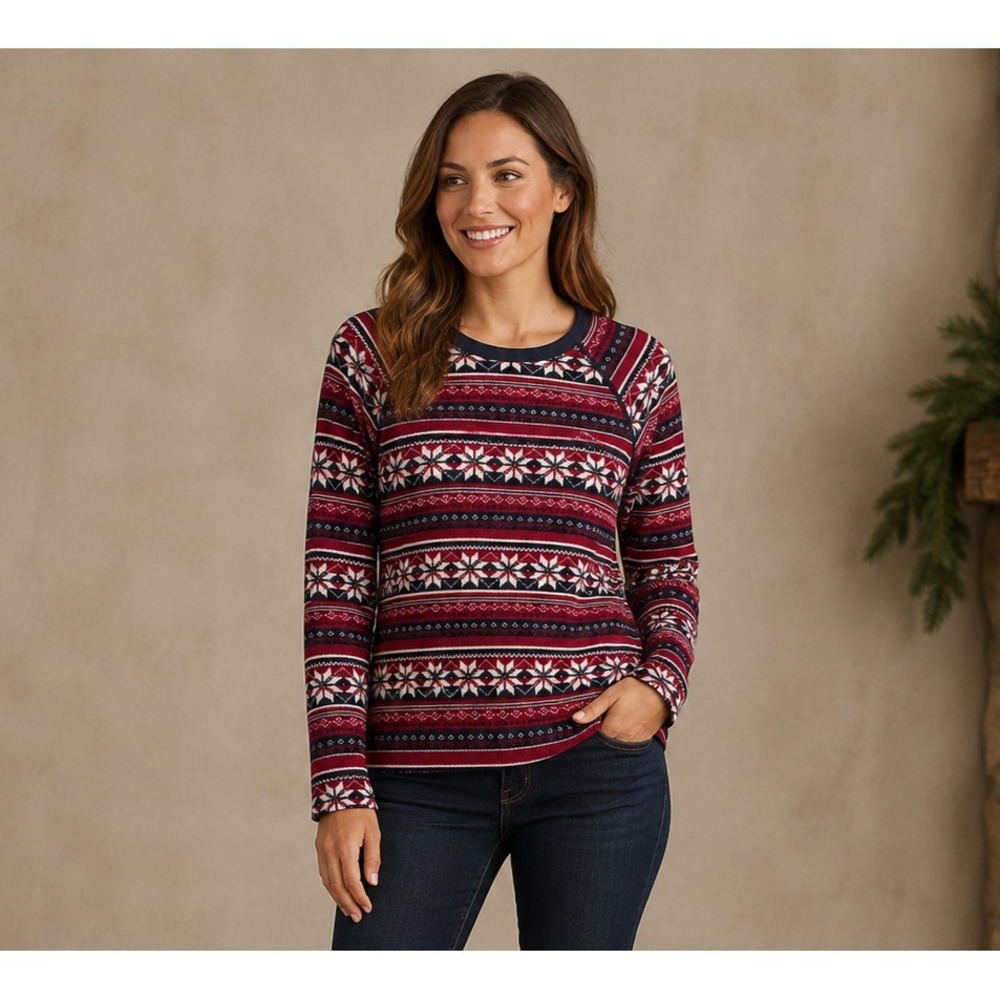 L.L. Bean Waffle Knit Thermal Top Womens XLP Red Blue White Winter Holiday Print